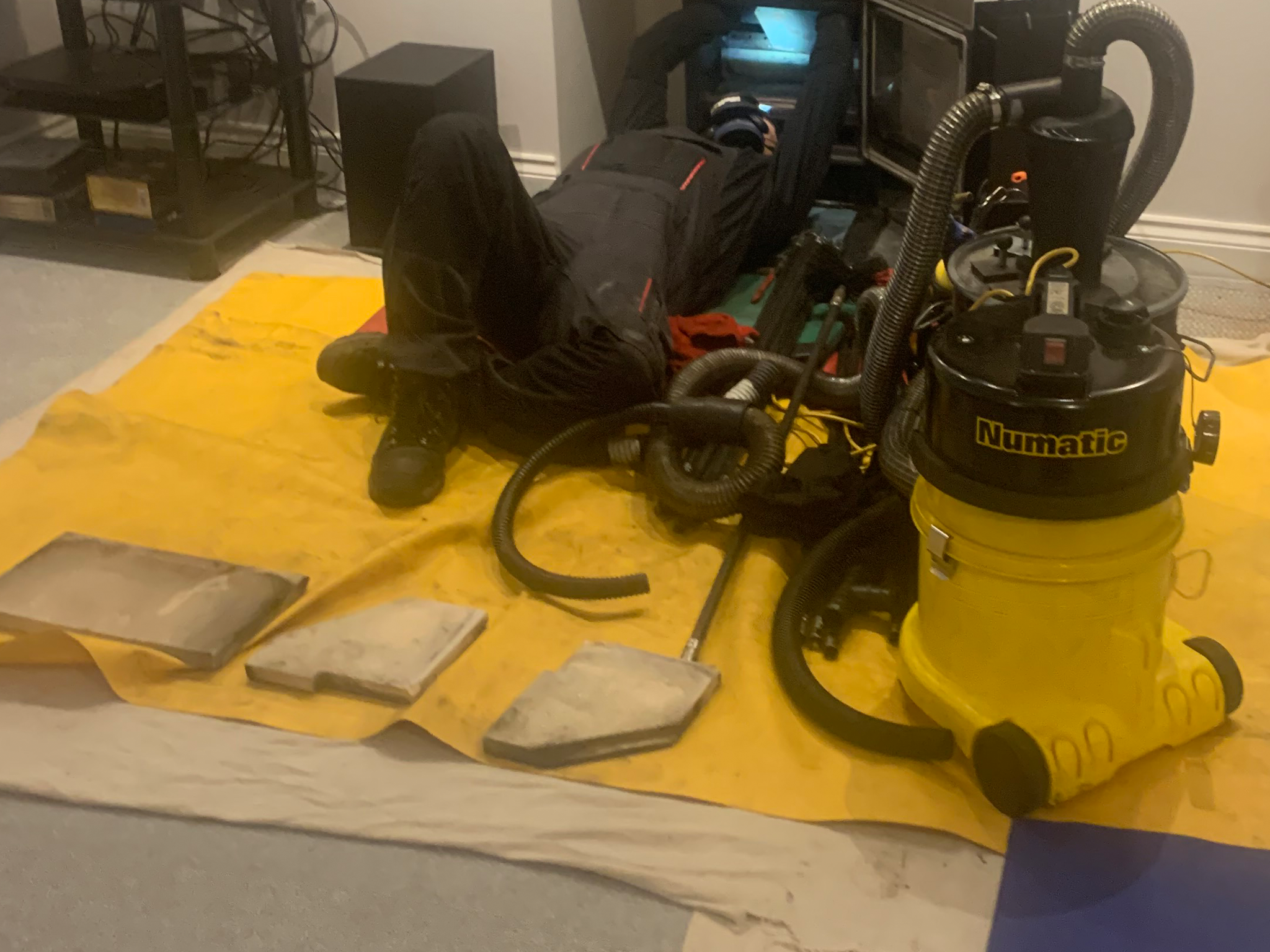 Hearth protected with fresh plastic sheet